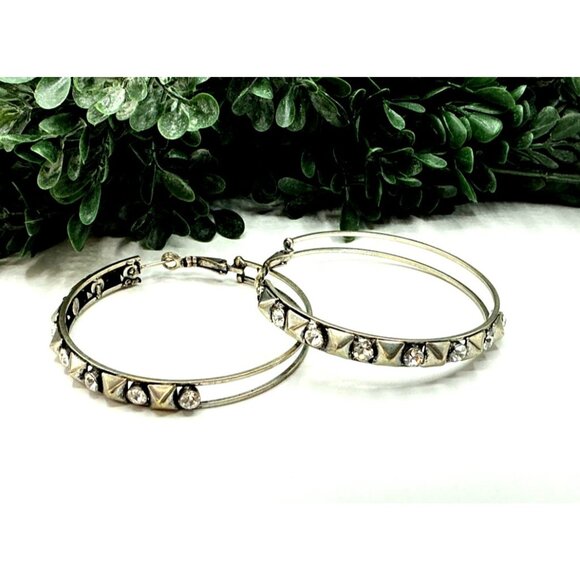 Silver Tone Hoop Earrings With Rhinestone and Stud Detailing - Picture 1 of 6